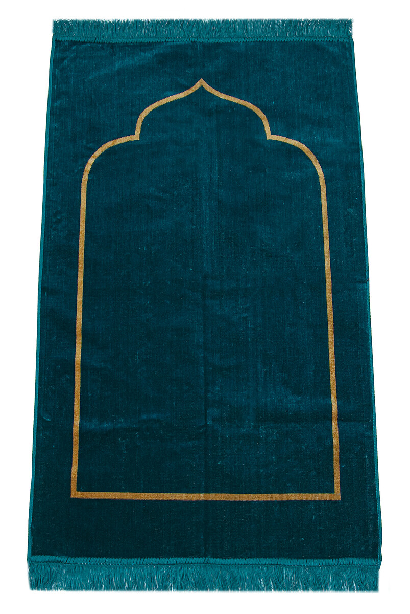 Petrol Minimal Velvet Prayer Rug with Mihrab - 1