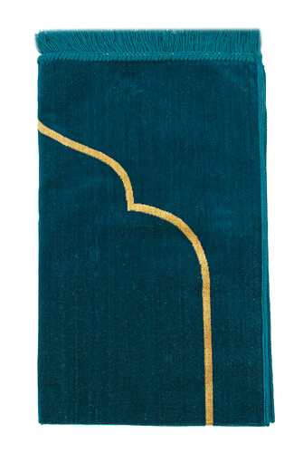 Petrol Minimal Velvet Prayer Rug with Mihrab - 3