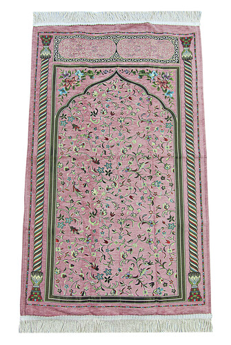 Pink Floral Ravza Patterned Lined Chenille Prayer Rug - 1