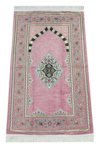 Pink Flower Motifed Mihrab Lined Chenille Prayer Rug - 1