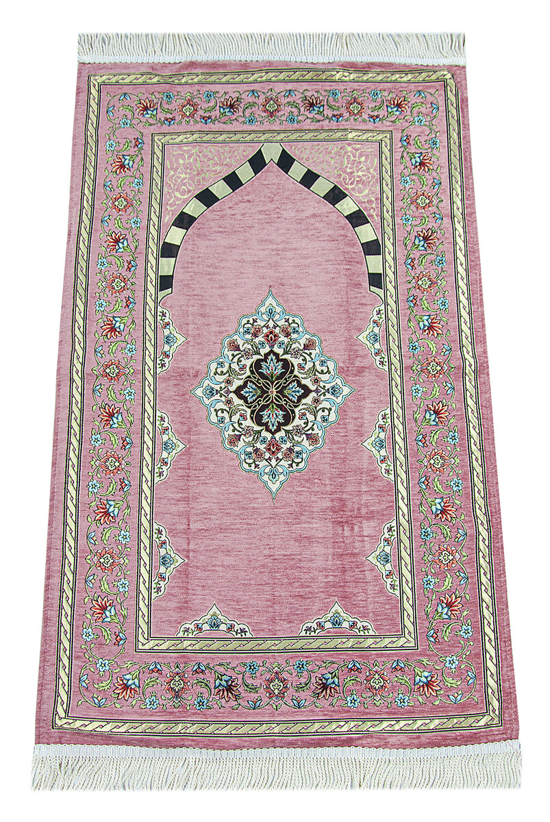 Pink Flower Motifed Mihrab Lined Chenille Prayer Rug - 1