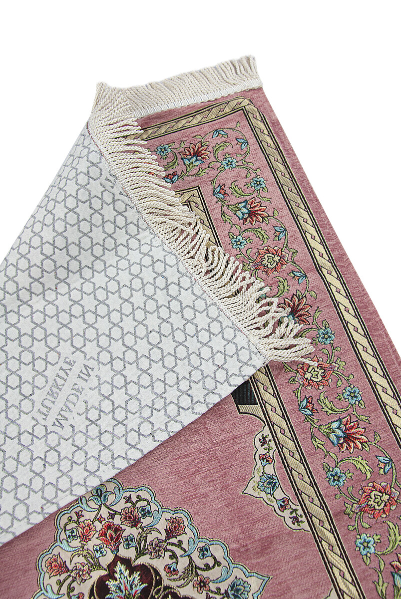 Pink Flower Motifed Mihrab Lined Chenille Prayer Rug - 2