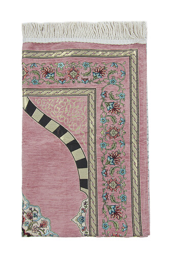 Pink Flower Motifed Mihrab Lined Chenille Prayer Rug - 3