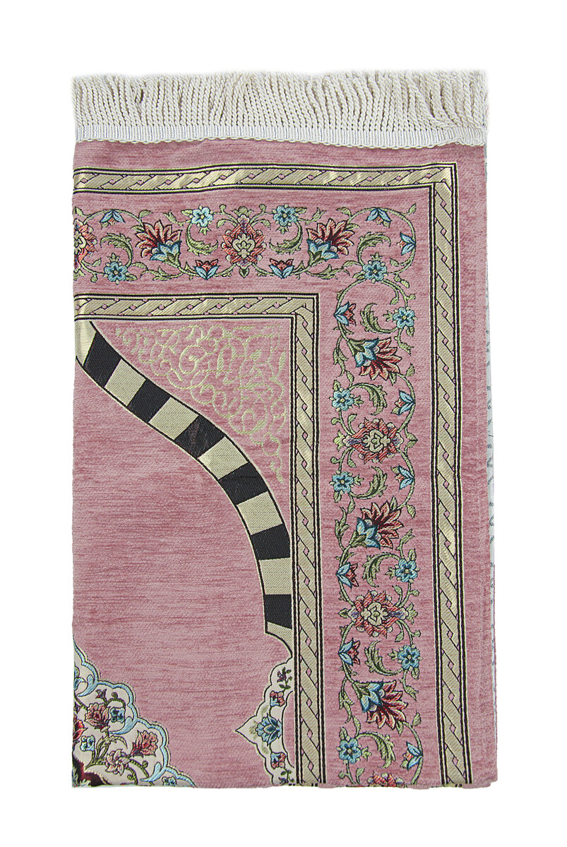 Pink Flower Motifed Mihrab Lined Chenille Prayer Rug - 3