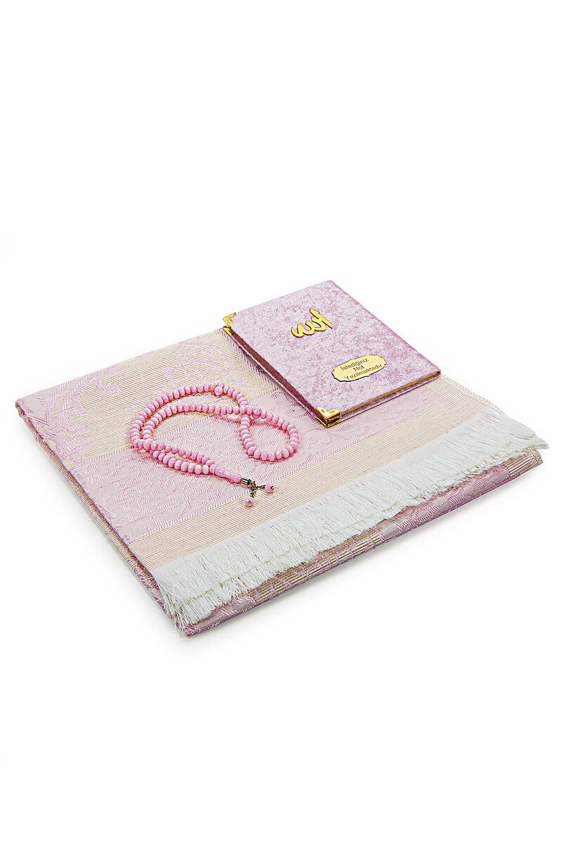 Pink Mevlüt Gift Velvet Covered Yasin Book Prayer Beads Dowry Prayer Rug Set - 3