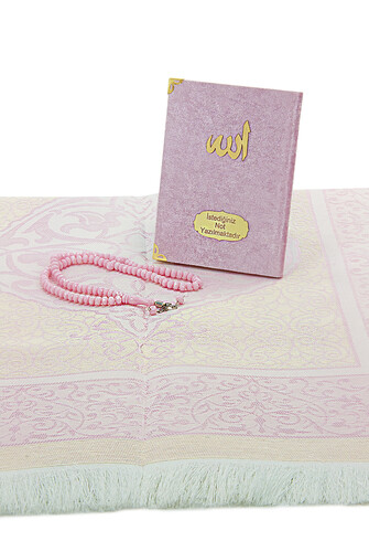 Pink Mevlüt Gift Velvet Covered Yasin Book Prayer Beads Dowry Prayer Rug Set - 4