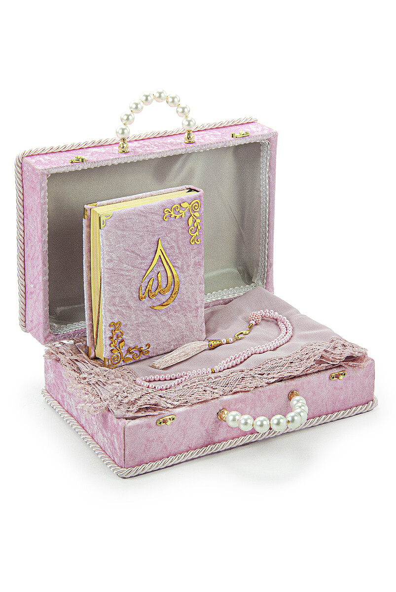 Pink Quran Set with Velvet Chest, Scarf and Rosary - 1