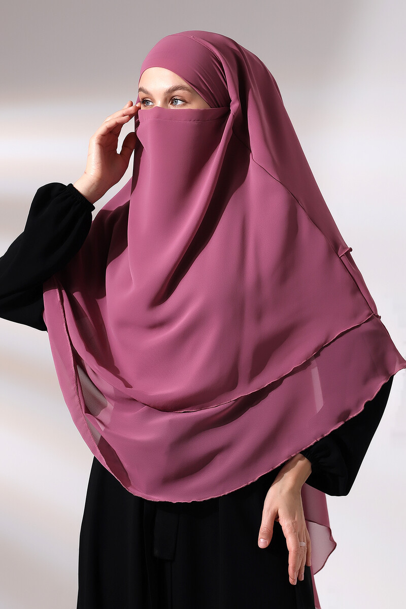 Pink Three Layer Veiled Short Chiffon Hijab Soufflé Scarf - 2