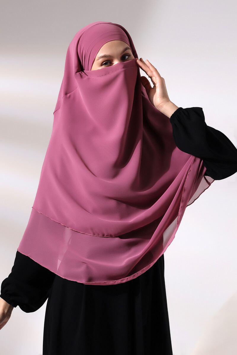 Pink Three Layer Veiled Short Chiffon Hijab Soufflé Scarf - 4