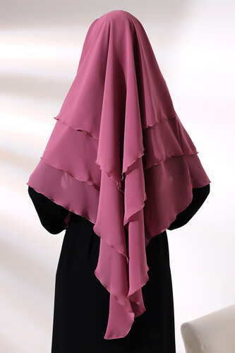 Pink Three Layer Veiled Short Chiffon Hijab Soufflé Scarf - 6