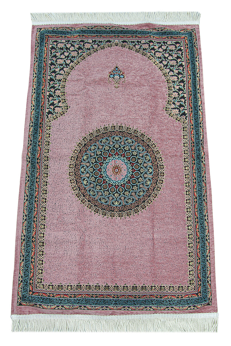 Pink Traditional Motif Knitted Fringed Mihrab Lined Chenille Prayer Rug - 1