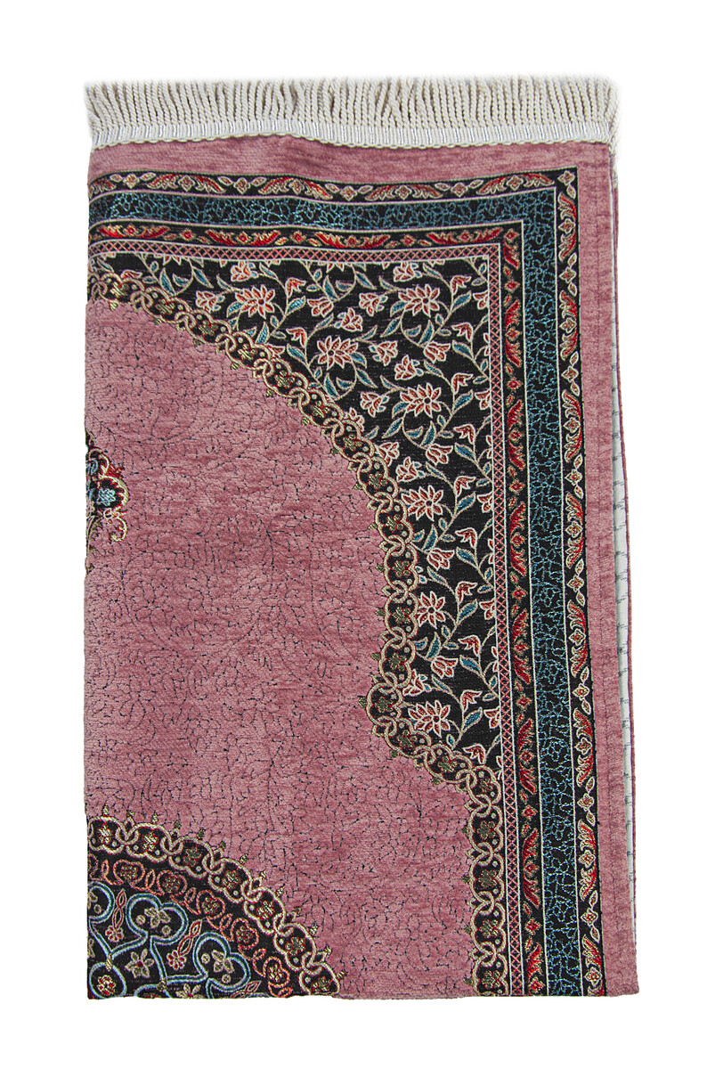 Pink Traditional Motif Knitted Fringed Mihrab Lined Chenille Prayer Rug - 3