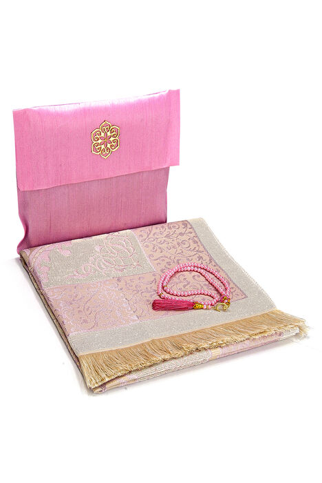 Pink Color Mevlid Gift with Slub Fabric Sachet, Prayer Rug, Rosary - 1