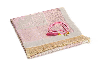 Pink Color Mevlid Gift with Slub Fabric Sachet, Prayer Rug, Rosary - 2