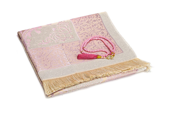 Pink Color Mevlid Gift with Slub Fabric Sachet, Prayer Rug, Rosary - 2