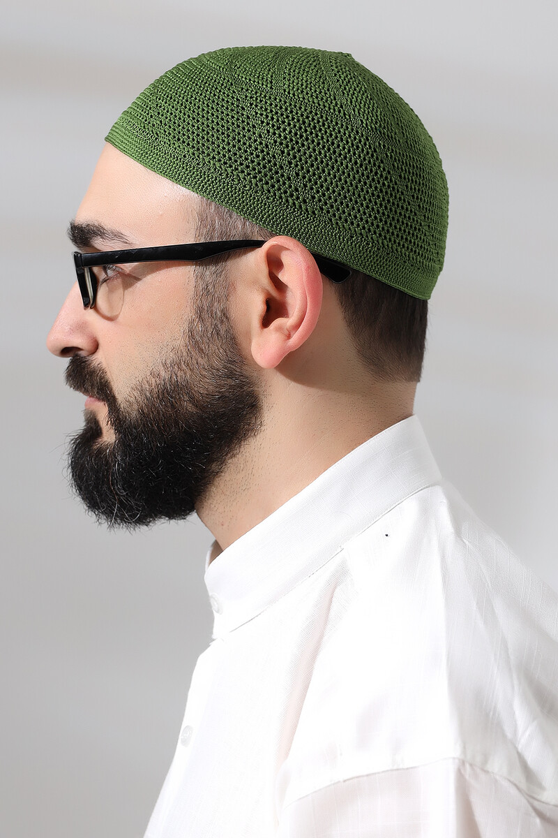 Pistachio Green Lace Detailed Knitted Gold Prayer Skullcap - 3