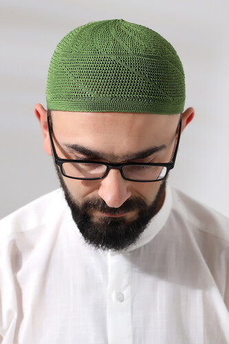 Pistachio Green Lace Detailed Knitted Gold Prayer Skullcap - 4