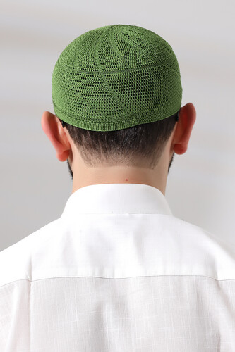 Pistachio Green Lace Detailed Knitted Gold Prayer Skullcap - 5