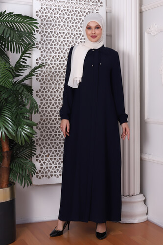 Plain Dark Navy Blue Lace-Up Honeycomb Fabric Abaya 9229-22 - 1