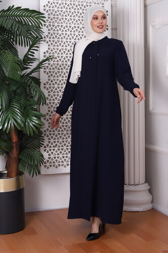 Plain Dark Navy Blue Lace-Up Honeycomb Fabric Abaya 9229-22 - 2