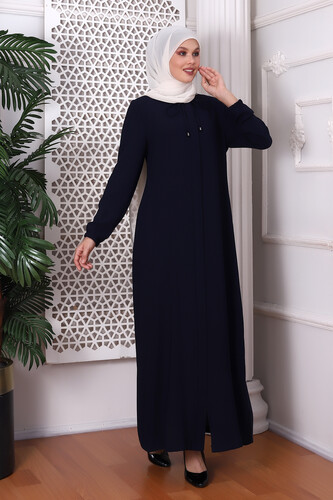 Plain Dark Navy Blue Lace-Up Honeycomb Fabric Abaya 9229-22 - 3