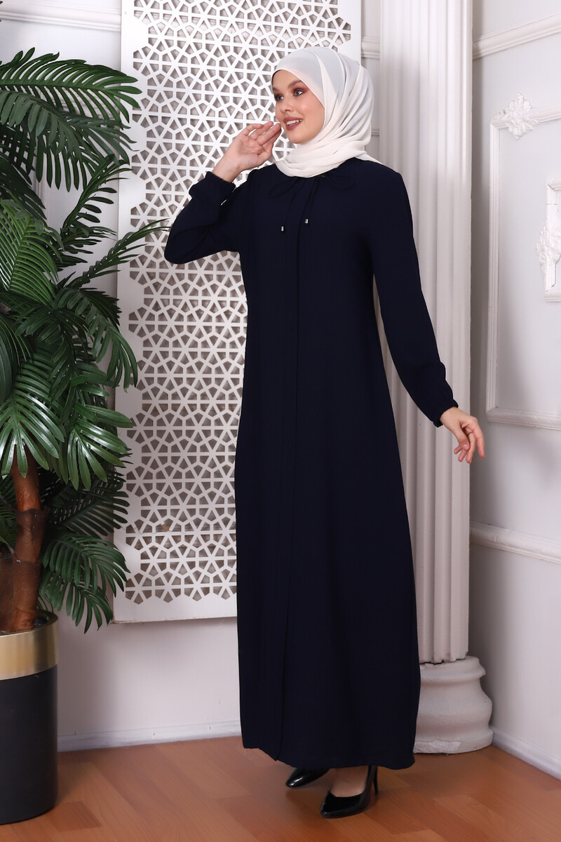 Plain Dark Navy Blue Lace-Up Honeycomb Fabric Abaya 9229-22 - 4