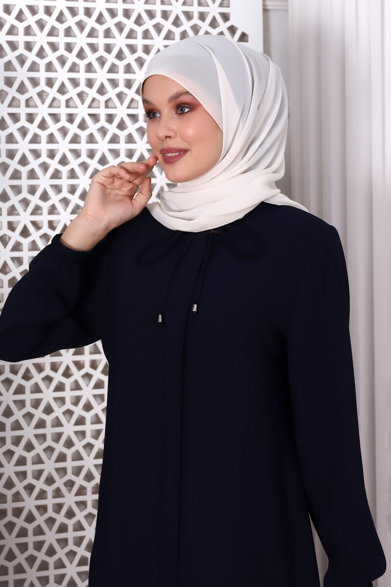 Plain Dark Navy Blue Lace-Up Honeycomb Fabric Abaya 9229-22 - 5