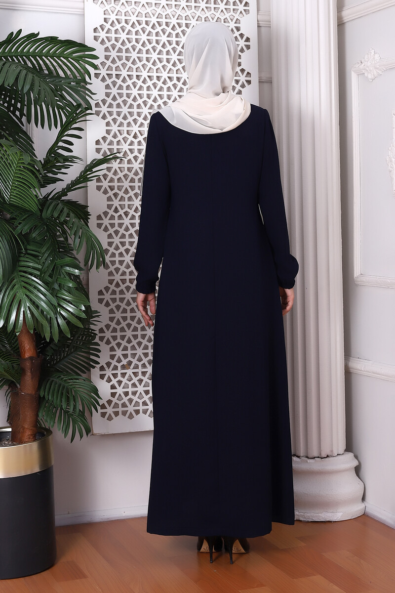 Plain Dark Navy Blue Lace-Up Honeycomb Fabric Abaya 9229-22 - 6