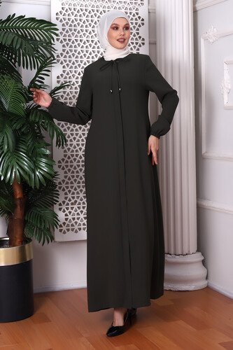 Plain Khaki Neck Laced Abaya 9229-22 - 1