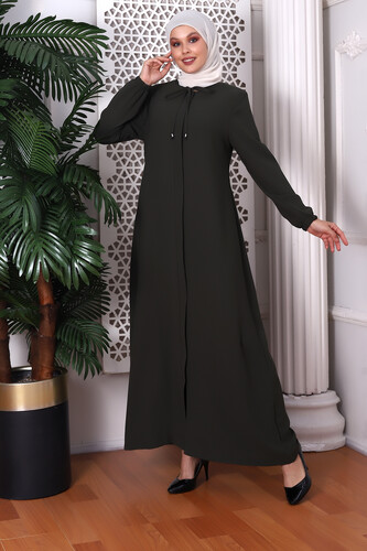 Plain Khaki Neck Laced Abaya 9229-22 - 2