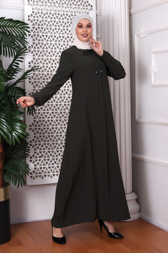 Plain Khaki Neck Laced Abaya 9229-22 - 3