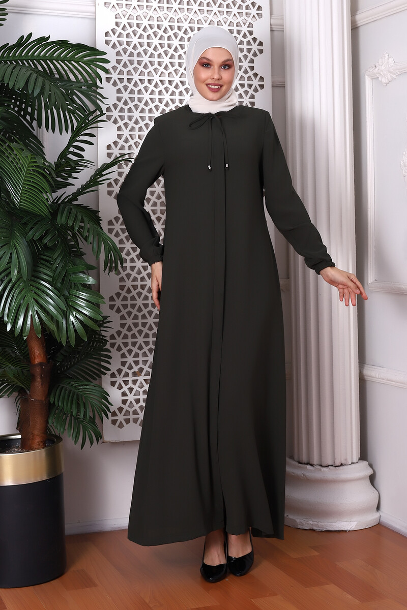 Plain Khaki Neck Laced Abaya 9229-22 - 5