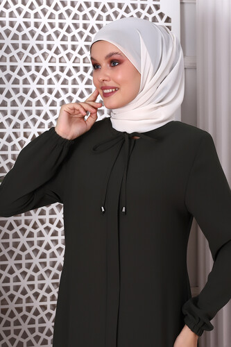 Plain Khaki Neck Laced Abaya 9229-22 - 4