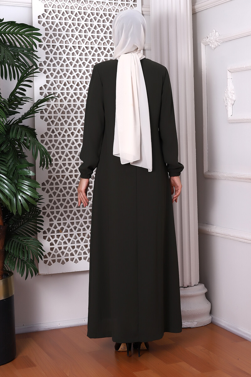 Plain Khaki Neck Laced Abaya 9229-22 - 6