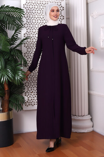 Plain Plum Neck Laced Abaya 9229-22 - 1