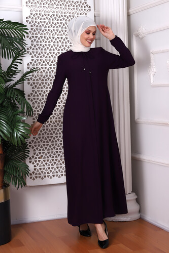 Plain Plum Neck Laced Abaya 9229-22 - 2