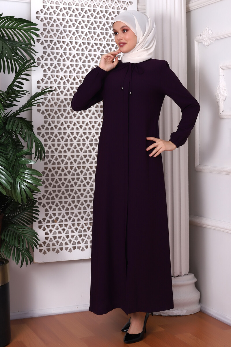 Plain Plum Neck Laced Abaya 9229-22 - 3