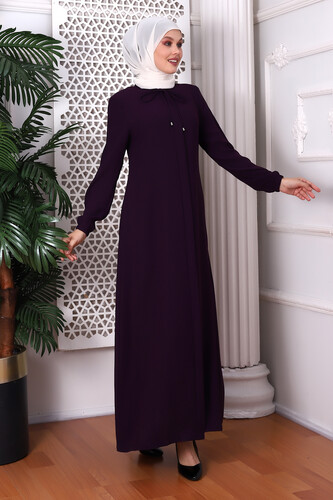 Plain Plum Neck Laced Abaya 9229-22 - 4