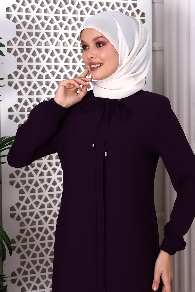 Plain Plum Neck Laced Abaya 9229-22 - 5