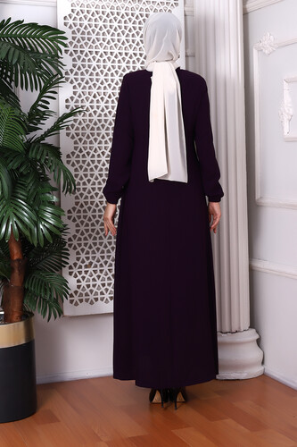 Plain Plum Neck Laced Abaya 9229-22 - 6