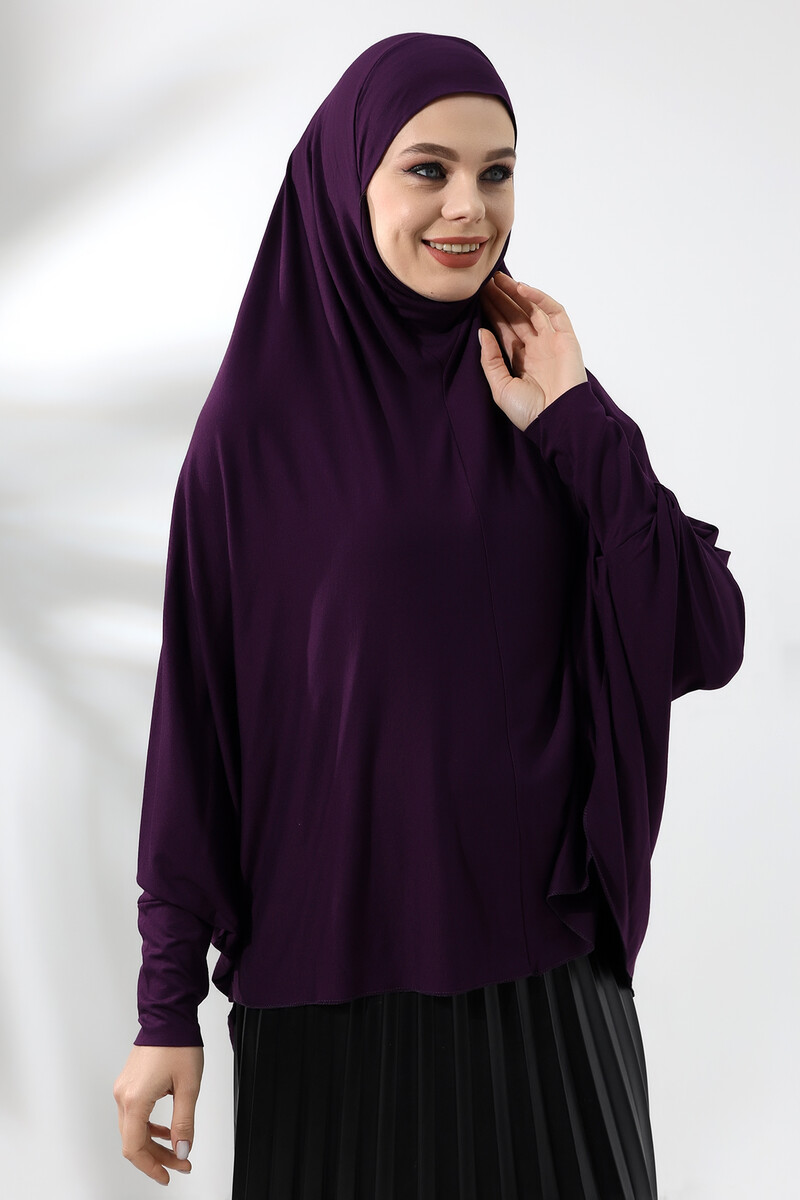 Plum Ready Practical Sultanbaş Hijab Sleeve Combed Cotton Soufflé Scarf Hijab - 1