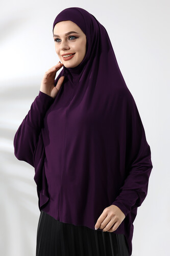 Plum Ready Practical Sultanbaş Hijab Sleeve Combed Cotton Soufflé Scarf Hijab - 3