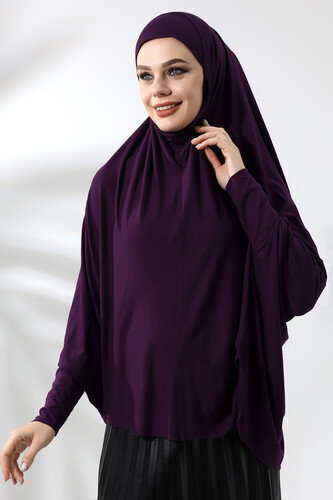 Plum Ready Practical Sultanbaş Hijab Sleeve Combed Cotton Soufflé Scarf Hijab - 5