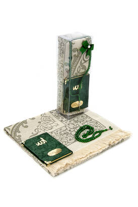 Pocket Size Velvet Yasin Book - Prayer Rug - Rosary and Mevlid Gift with Transparent Box - Green - 1