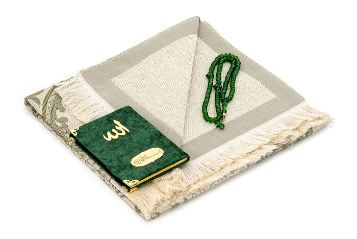 Pocket Size Velvet Yasin Book - Prayer Rug - Rosary and Mevlid Gift with Transparent Box - Green - 2