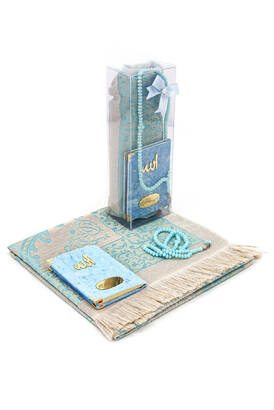 Pocket Size Velvet Book of Yasin - Prayer Rug - Rosary and Mevlid Gift with Transparent Box - Blue - 1