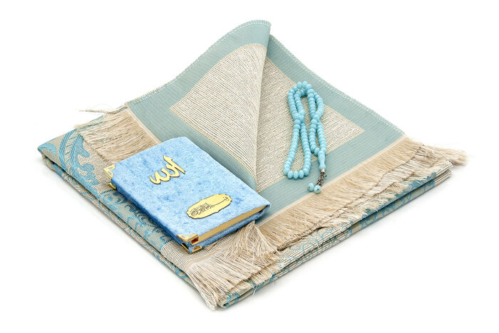 Pocket Size Velvet Book of Yasin - Prayer Rug - Rosary and Mevlid Gift with Transparent Box - Blue - 2