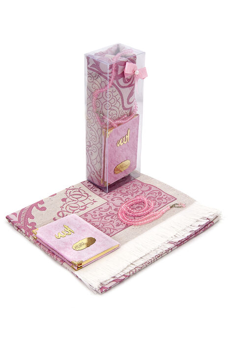 Pocket Size Velvet Book of Yasin - Prayer Rug - Rosary and Mevlid Gift with Transparent Box - Pink - 1