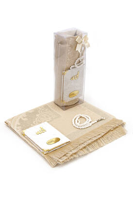 Pocket Size Velvet Book of Yasin - Prayer Rug - Rosary and Mevlid Gift with Transparent Box - Cream - 1