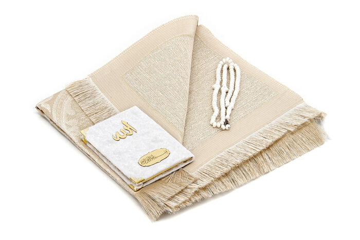 Pocket Size Velvet Book of Yasin - Prayer Rug - Rosary and Mevlid Gift with Transparent Box - Cream - 2